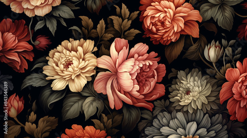 Beautiful floral elegant swirls damask fabric seamless pattern of hand drawn flowers with decorative dark vintage with colorful wallpaper background