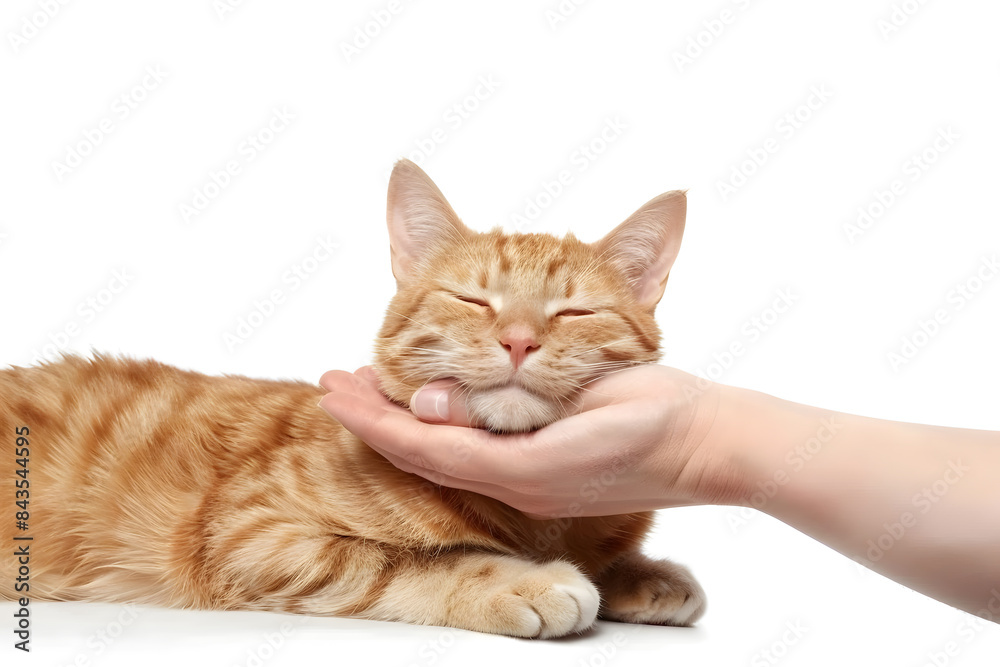 Woman's hand stroking a cute ginger cat isolated on white background. Pet lover