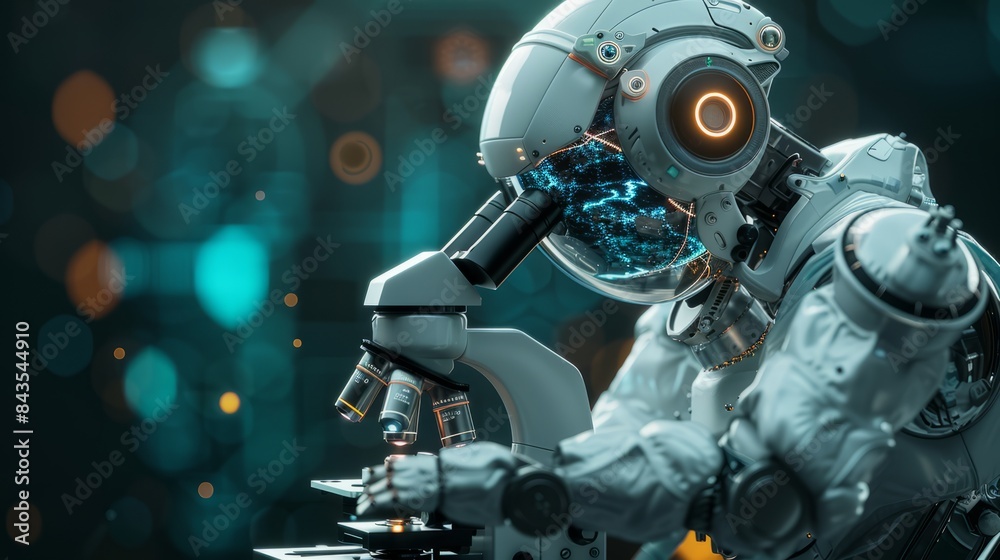 Anthropomorphic robot doing cellular experimentation in a controlled laboratory setting. Anthropomorphic robot doing cellular experimentation in a controlled laboratory setting.