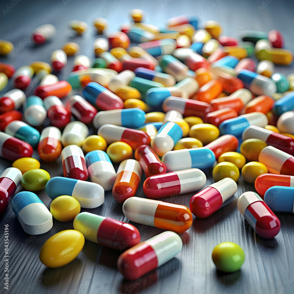 a bunch of pills are scattered on a table. A bunch of colorful pills are scattered on a table a bunch of pills are scattered on a table. A bunch of colorful pills are scattered on a table