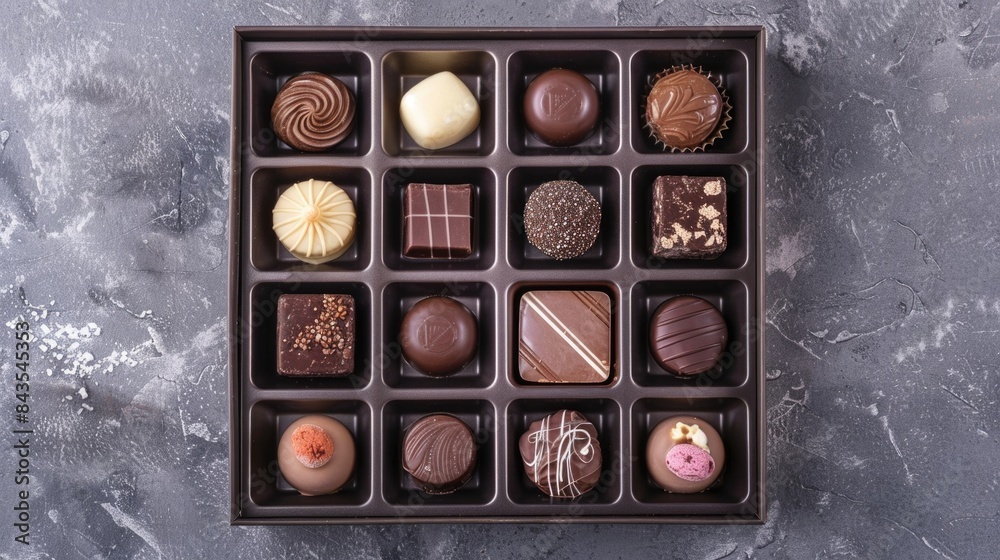 Various chocolates in boxes on gray background. Various chocolates in boxes on gray background.