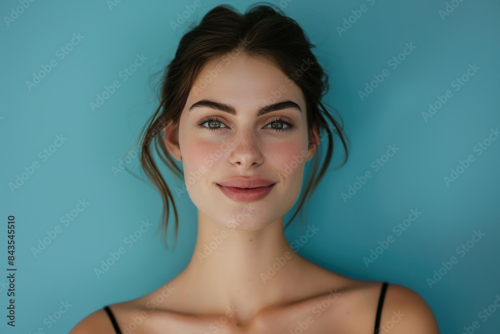 A close up portrait of a young woman with a subtle smile A close up portrait of a young woman with a subtle smile