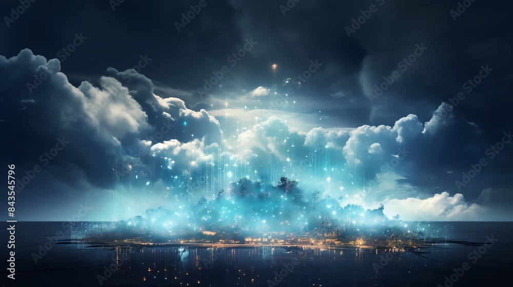 Fototapeta premium A cloud composed of digital particles, floating in a dramatic sky, suggesting cloud computing or data visualization