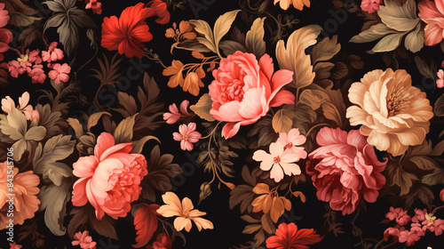 Beautiful floral elegant swirls damask fabric seamless pattern of hand drawn flowers with decorative dark vintage with colorful wallpaper background
