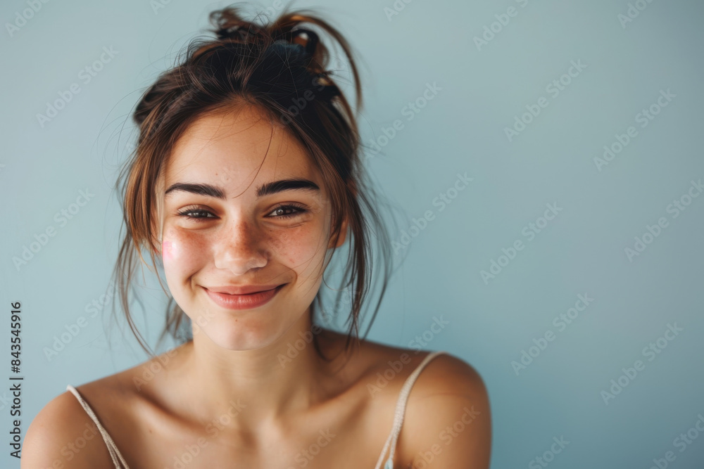 A close up portrait of a young woman with a subtle smile A close up portrait of a young woman with a subtle smile