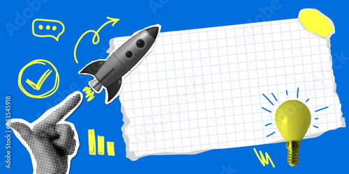 Pop art style banner with halftone rocket, pointing human hand and piece of torn checkered paper. Modern collage. Business startup concept. Creating ideas. Illustration with cut out newspaper elements