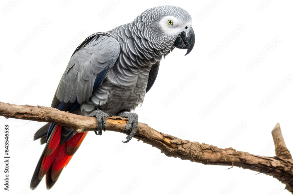 Fototapeta premium African Grey Parrot perched thoughtfully on a branch, isolated against a plain white background.