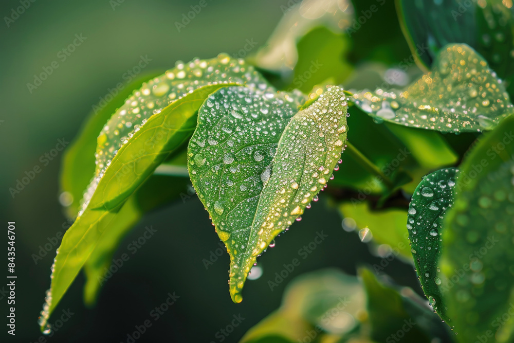 Water Droplets on Green Leaf, Morning Dew, Close-Up Water Droplets on Green Leaf, Morning Dew, Close-Up