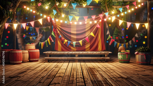 Palco 3d realista com bandeirinha para expor produtos de festa junina