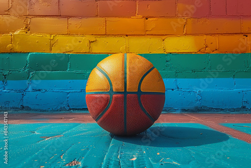 Basketball against rainbow brick wall, symbol of LGBTQ tolerance and inclusion in sport