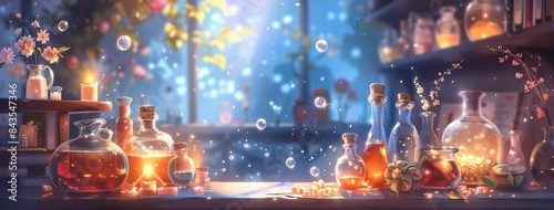 Magical Potion Bottles in Enchanted Forest Scene