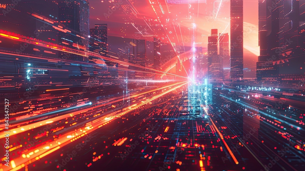 An abstract digital landscape with a futuristic city, glowing lights, and dynamic forms, creating a sense of innovation and technology.