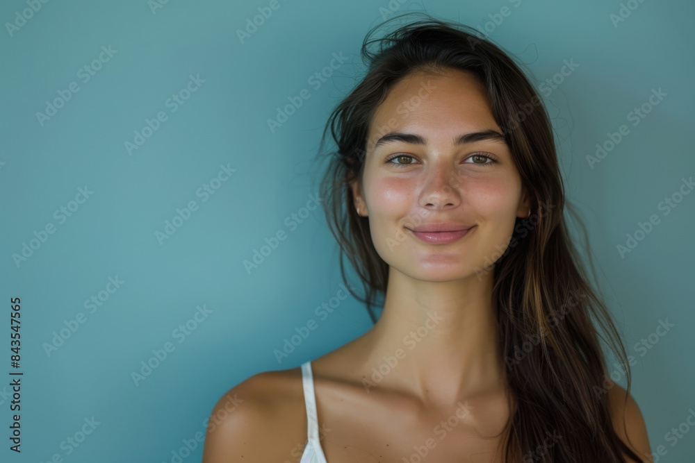 A close up portrait of a young woman with a subtle smile A close up portrait of a young woman with a subtle smile