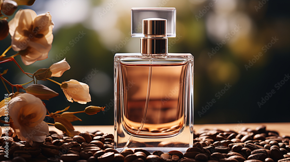 perfume on a light background with coffee beans and orchid perfume on a light background with coffee beans and orchid