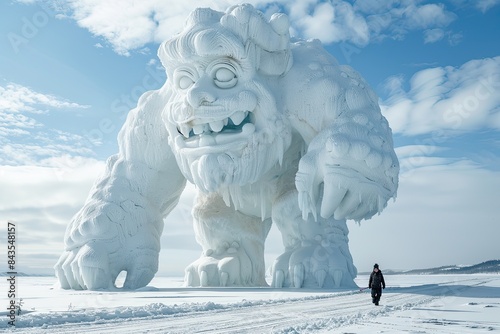A cute ice giant with big ice foots, walking, smiling, lapland background