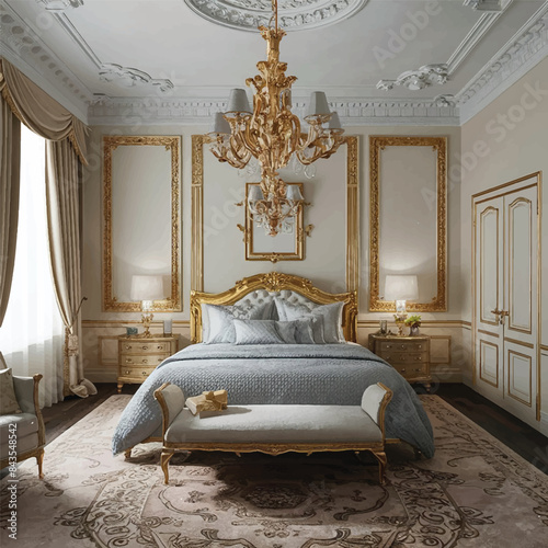 Luxurious bedroom with bed and bedside tables and dressing table. Concept interior, home, comfort, hotel. 3d rendering