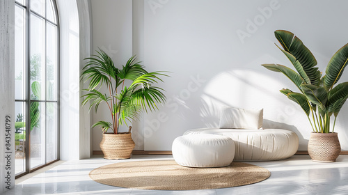 interior of modern bright room with white walls, concrete floor, comfortable white bed and plants. 3d rendering