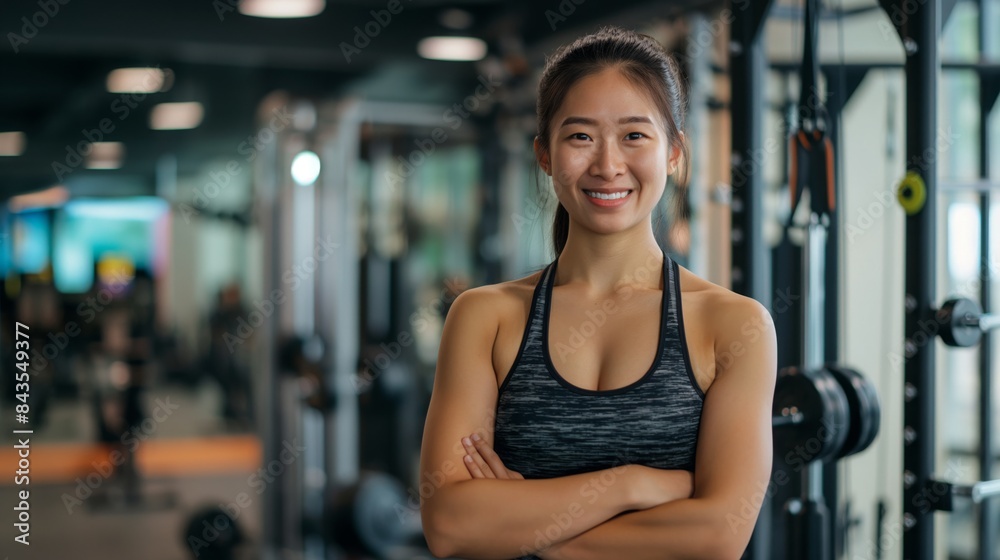 Young Female Asian Fitness Trainer at a Modern Gym, Promoting Health and Well-being for Stock Photography Use