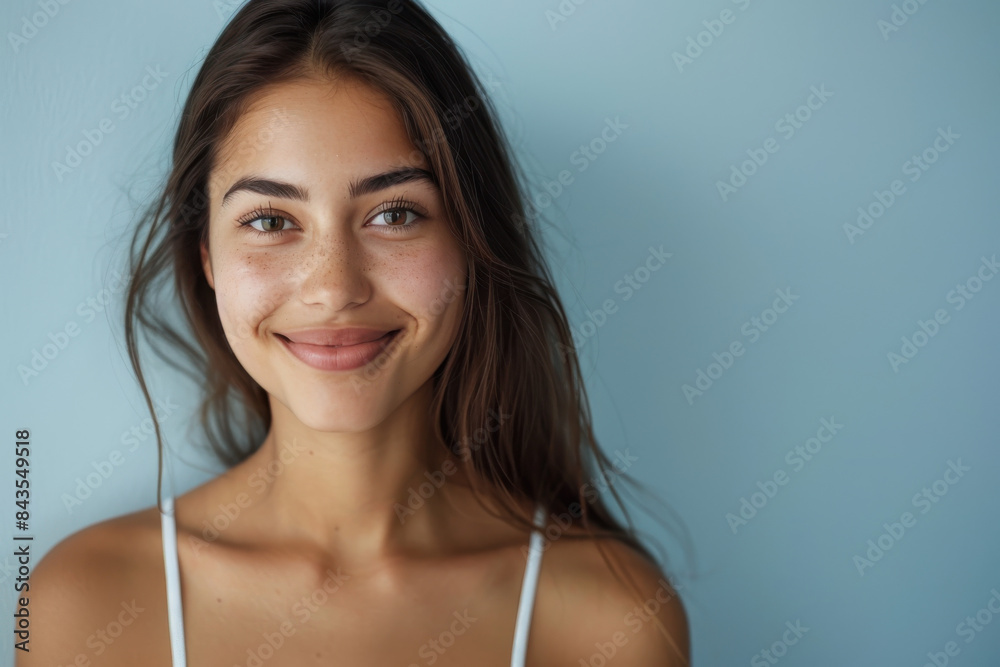 A close up portrait of a young woman with a subtle smile A close up portrait of a young woman with a subtle smile