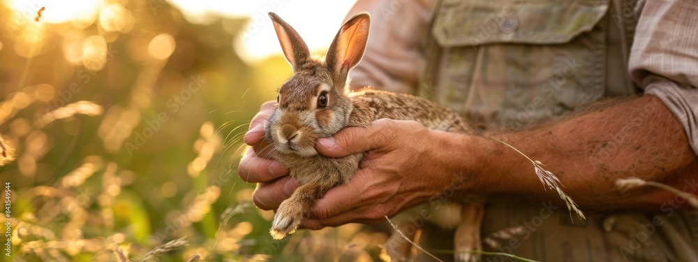 the farmer holds a rabbit in his hands. Selective focus the farmer holds a rabbit in his hands. Selective focus
