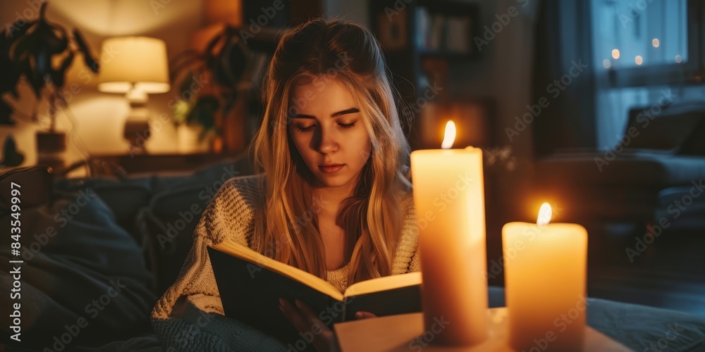 Reading by candlelight during a blackout, a woman finds solace amidst the power outage, creating a tranquil and intimate moment. Reading by candlelight during a blackout, a woman finds solace amidst the power outage, creating a tranquil and intimate moment.