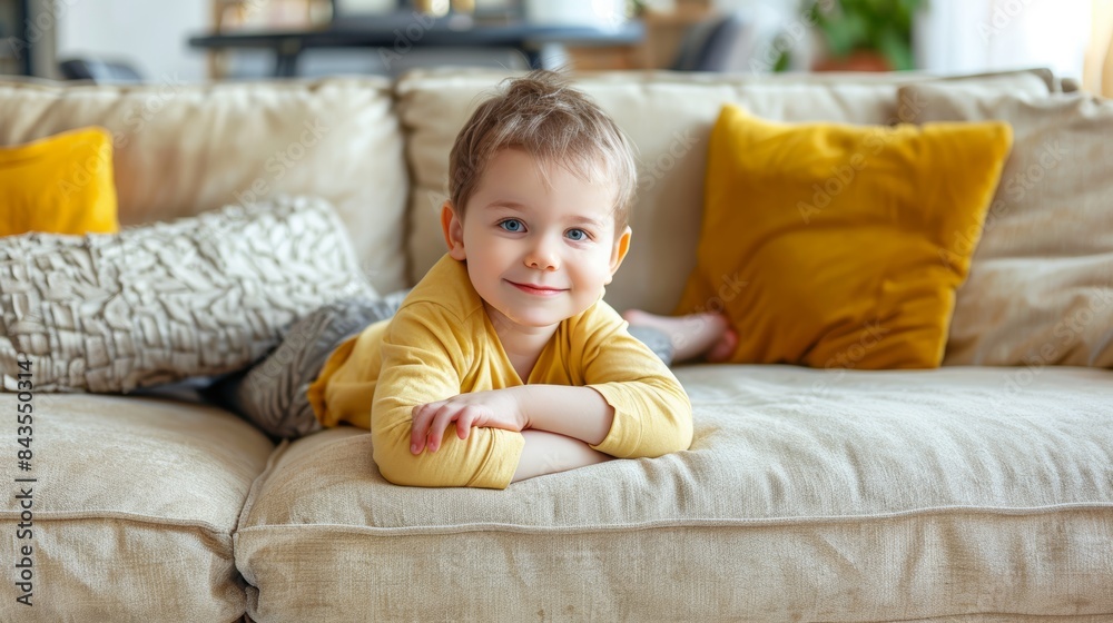 Young boy in an orange outfit relaxing on a gray couch with matching cushions, looking thoughtfully into the distance. Young boy in an orange outfit relaxing on a gray couch with matching cushions, looking thoughtfully into the distance.
