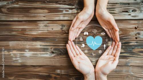 Wallpaper Mural Hands Forming a Heart Shape Around Health Icons on Wooden Background - Concept of Health, Wellness, and Care Torontodigital.ca