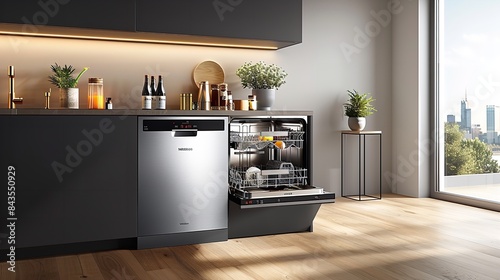 A modern kitchen featuring a stainless steel dishwasher next to a large window with a city view