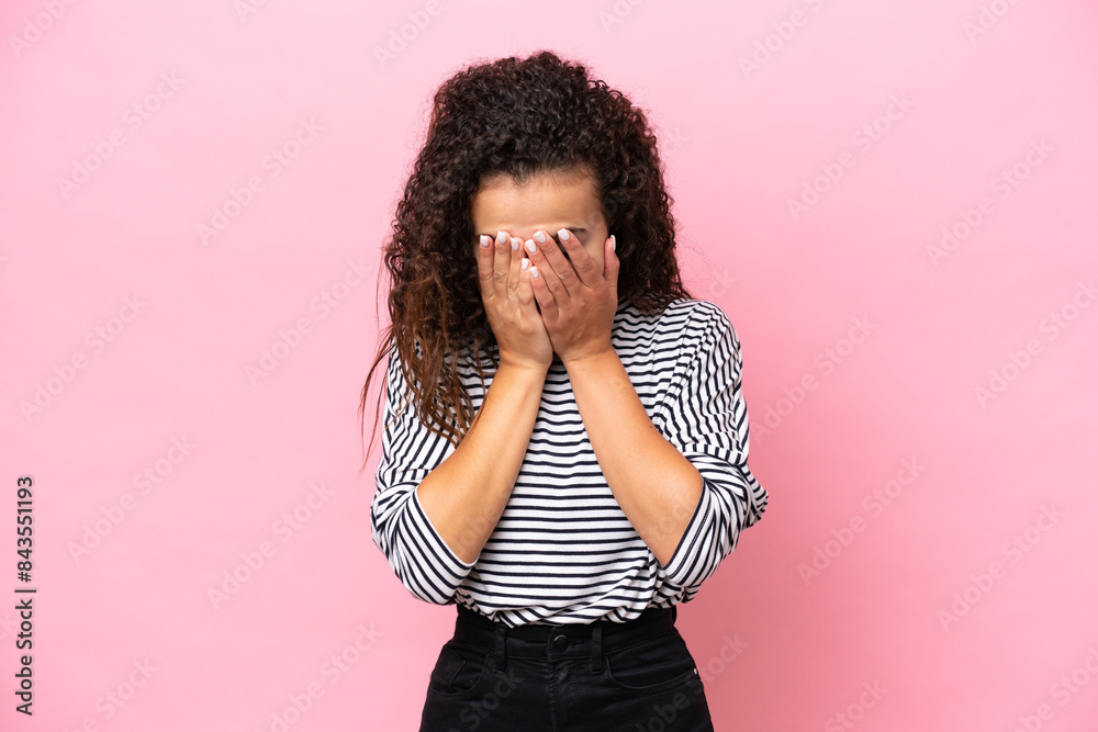 Young hispanic woman isolated on pink background with tired and sick expression Young hispanic woman isolated on pink background with tired and sick expression
