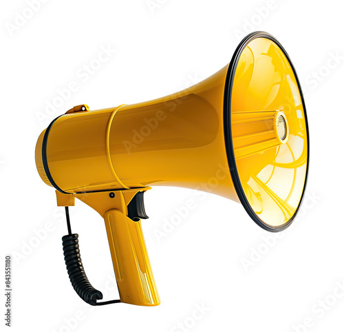 Colorful yellow megaphone. Bullhorn for amplifying the voice for protests rallies or public speaking. Isolated transparent background PNG