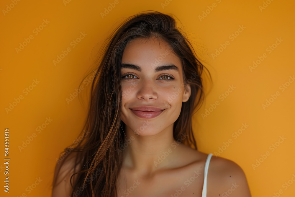 A close up portrait of a young woman with a subtle smile A close up portrait of a young woman with a subtle smile