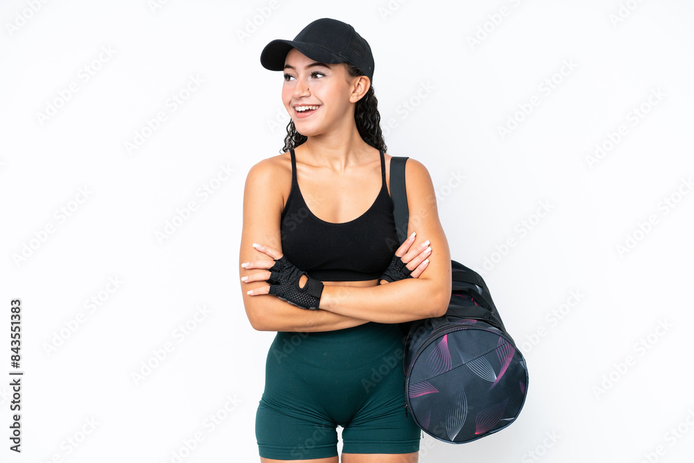 Young sport woman with sport bag isolated on white background happy and smiling Young sport woman with sport bag isolated on white background happy and smiling