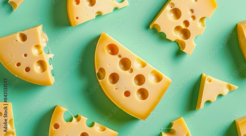 Pattern with pieces of cheese on pastel green background, top view. Set of cheeses with holes, minimal flat lay style. Pattern with pieces of cheese on pastel green background, top view. Set of cheeses with holes, minimal flat lay style.