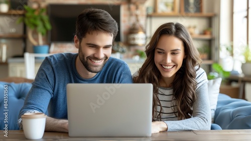 Wallpaper Mural A smiling couple looks at a laptop screen together while relaxing on a couch Torontodigital.ca