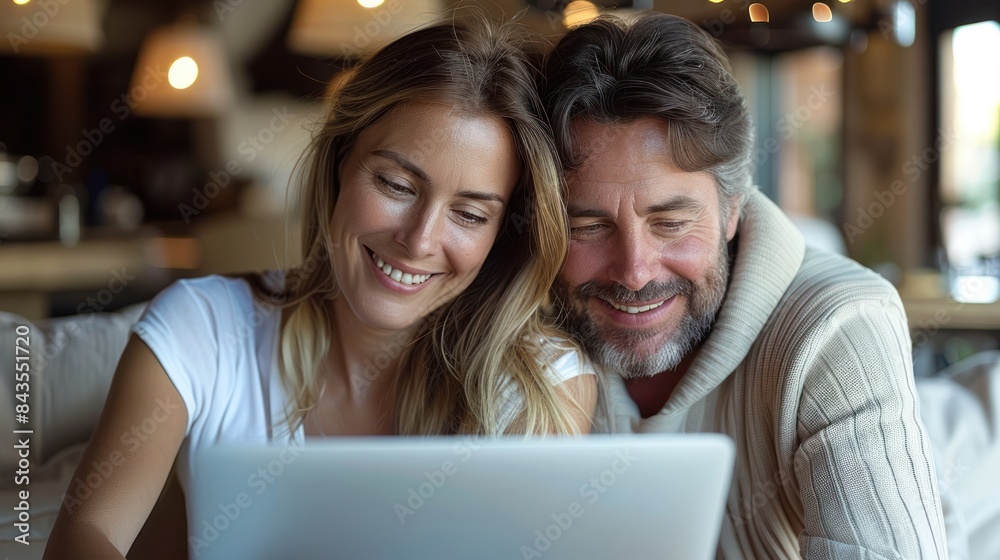 A couple smiles while looking at a laptop together in a cafe A couple smiles while looking at a laptop together in a cafe