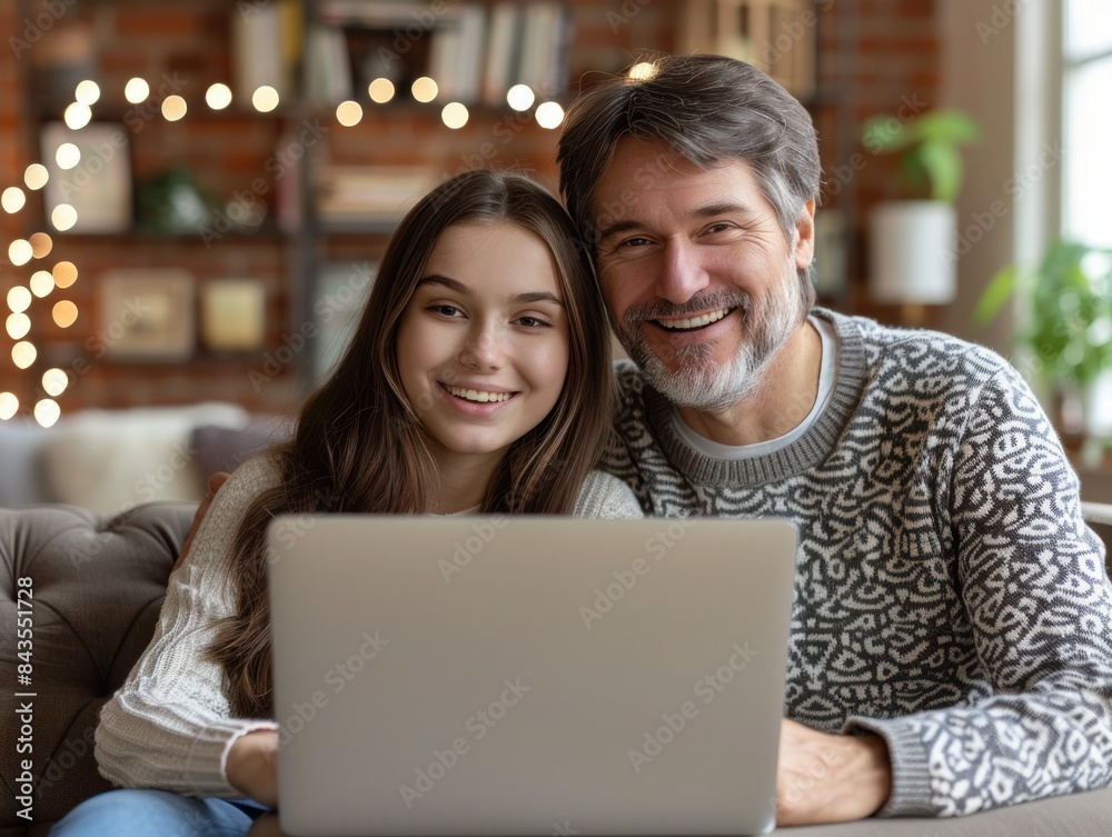 A father and daughter smile and look at a laptop together in a cozy living room A father and daughter smile and look at a laptop together in a cozy living room