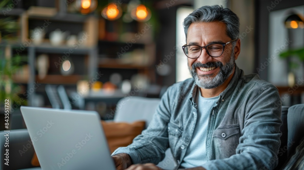 A man with grey hair and a beard smiles while working on his laptop in his modern home office A man with grey hair and a beard smiles while working on his laptop in his modern home office