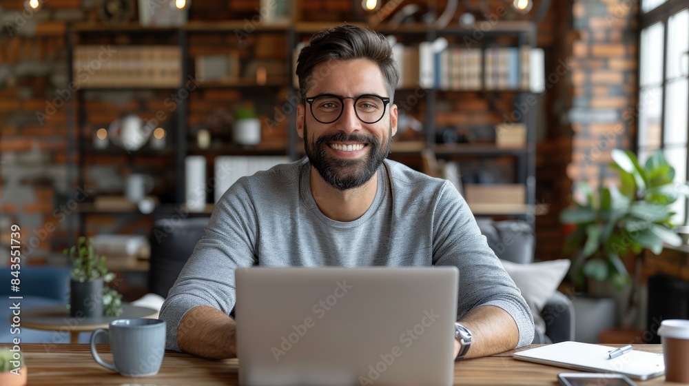A man smiles while working on his laptop at a desk in a modern office A man smiles while working on his laptop at a desk in a modern office