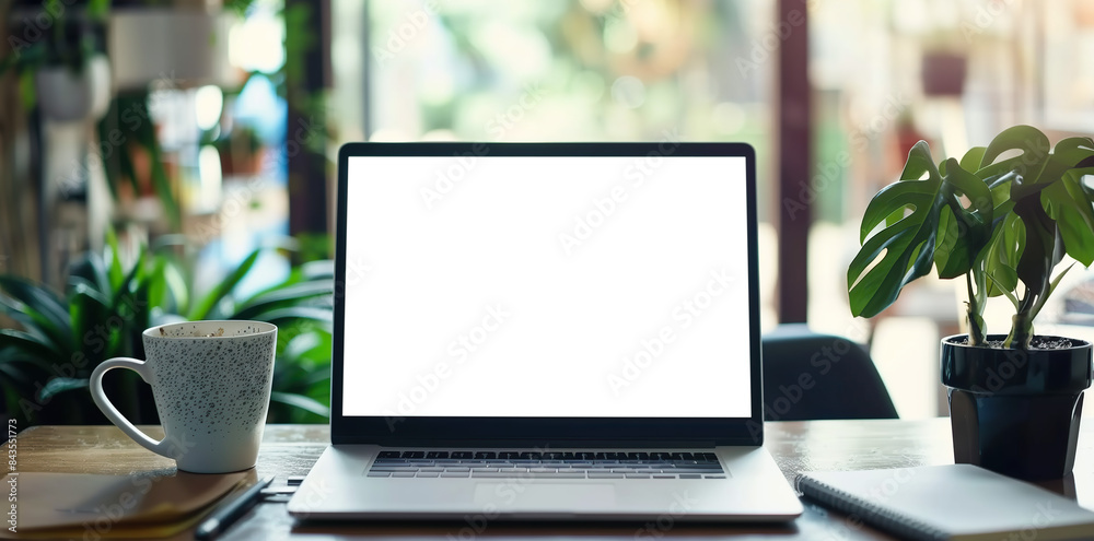 A laptop computer on top of a wooden table next to a window with a plant on it's screen and a window behind. High quality photo. Mockup, PNG A laptop computer on top of a wooden table next to a window with a plant on it's screen and a window behind. High quality photo. Mockup, PNG