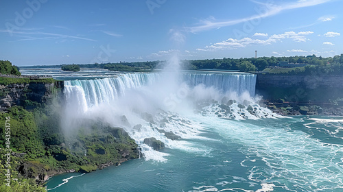 Niagara Falls Horseshoe Falls on a sunny day, a majestic and powerful natural wonder, popular tourist destination © NE97