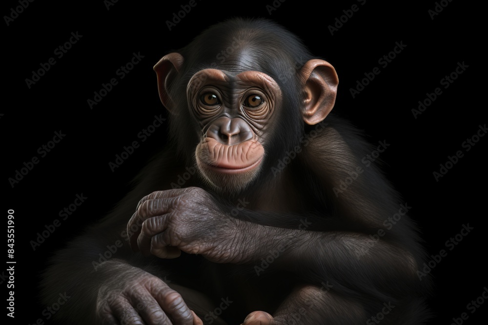 Close-up portrait of a young chimpanzee against a dark backgroun Close-up portrait of a young chimpanzee against a dark backgroun