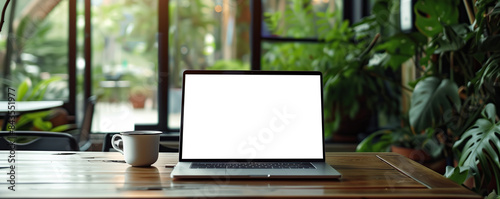 Wooden table with laptop transparent screen and a cup of coffee, complemented by a vibrant potted plant blurred background. High quality photo. Mockup, PNG