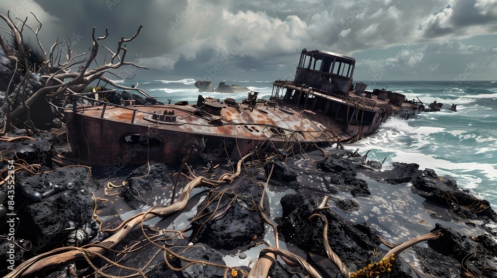 Shipwrecked Remains on Isolated Island amid Crashing Ocean Waves and Gloomy Skies Shipwrecked Remains on Isolated Island amid Crashing Ocean Waves and Gloomy Skies