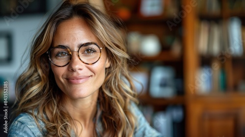 A woman with brown hair smiles while wearing round glasses in her home office