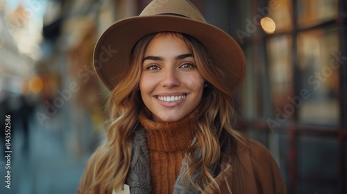 A young woman wearing a brown hat smiles while standing in an urban setting © Tetiana