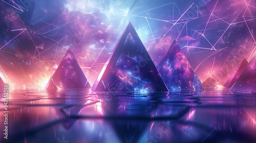 Futuristic triangle design, details, huge triangle, blue and purple colors. Generative AI.