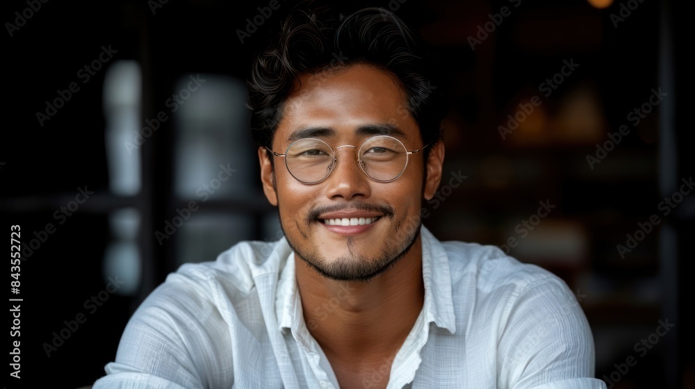 A young man wearing glasses smiles brightly while wearing a white shirt A young man wearing glasses smiles brightly while wearing a white shirt