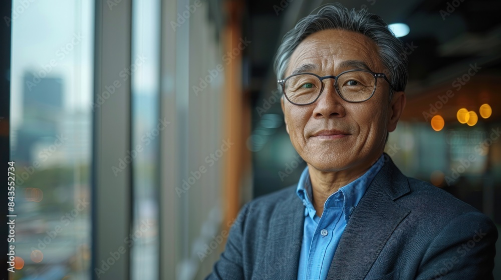 Naklejka premium A close-up portrait of a smiling Asian man wearing glasses in an office setting