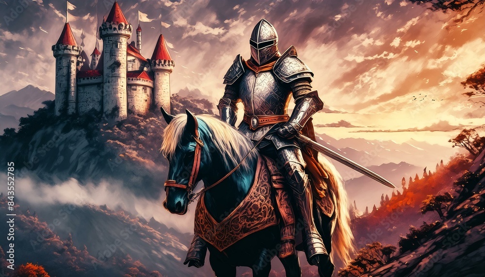Naklejka premium knight riding horse at sunset