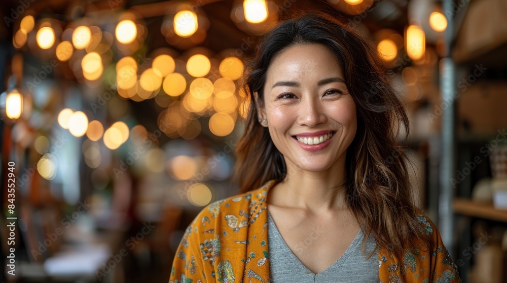 A smiling woman with long brown hair wearing a floral kimono in a coffee shop A smiling woman with long brown hair wearing a floral kimono in a coffee shop
